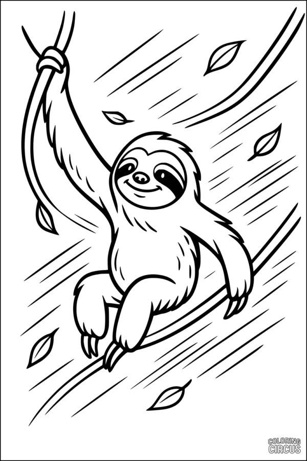 Coloring page with a smiling sloth hanging from a vine and leaves falling