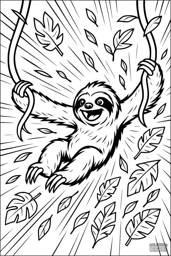 Coloring page of a smiling sloth swinging on jungle vines surrounded by falling leaves