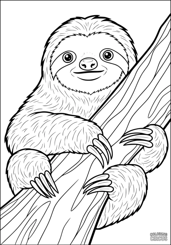 Coloring page showing a smiling sloth hugging a tree branch, designed for young children.
