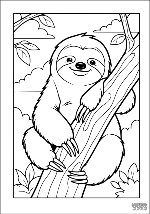 Coloring page featuring a smiling sloth hanging on a tree branch with leaves and clouds in the background