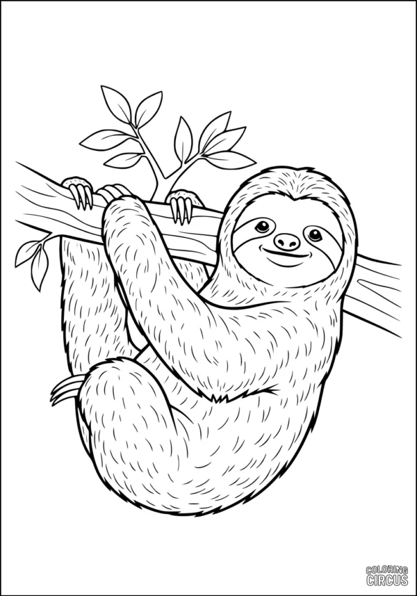 Coloring page showing a smiling sloth hanging on a tree branch with leaves
