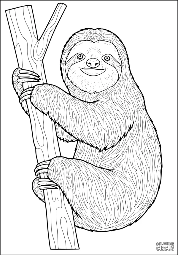 Coloring page featuring a smiling sloth hugging a tree branch, detailed fur and wood patterns for kids