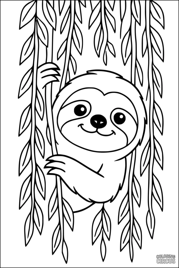 Coloring page of a smiling cartoon sloth hanging from jungle vines for kids