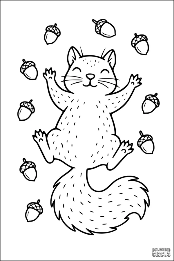 Coloring page of a smiling squirrel surrounded by acorns, designed for young children
