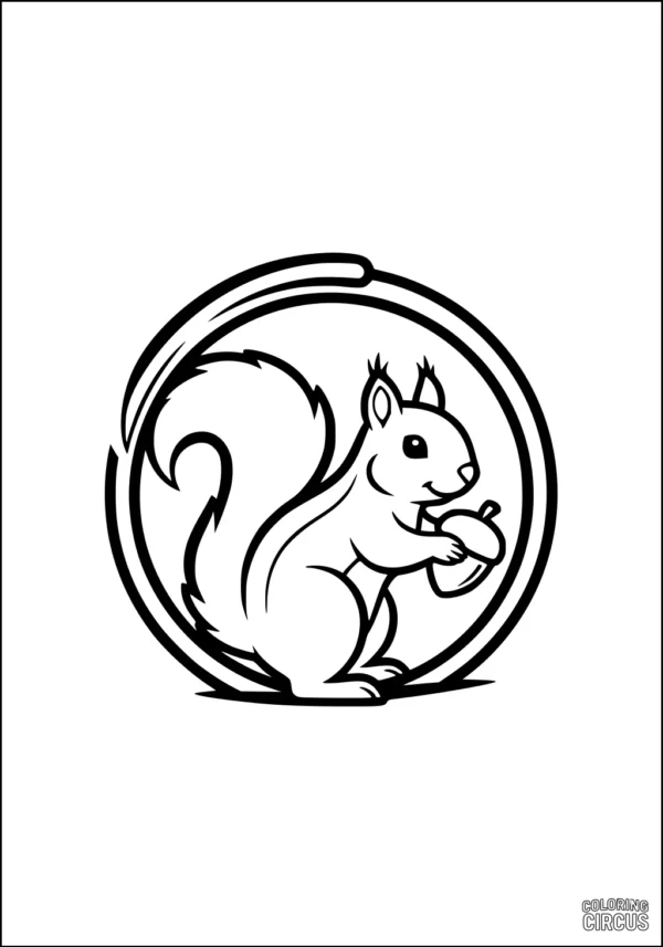 Coloring page showing a cute squirrel holding an acorn inside a circle