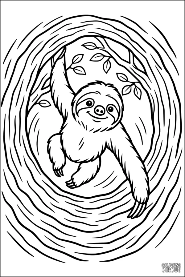 Coloring page of a cute sloth hanging from a tree branch surrounded by leaves