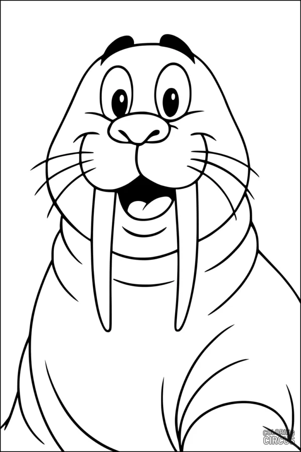 Coloring page featuring a cute cartoon walrus with big tusks and a happy face, suitable for young children