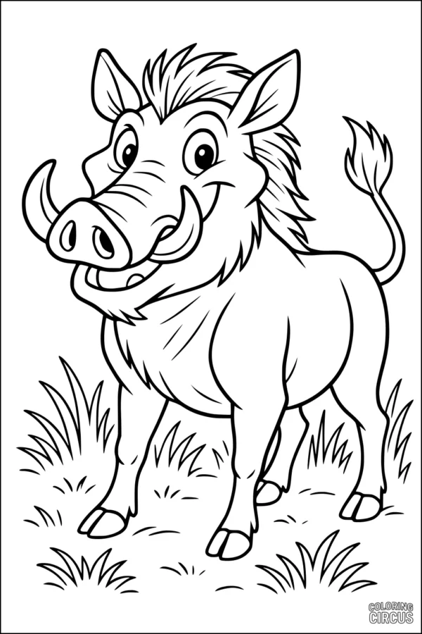Coloring page featuring a smiling cartoon warthog standing in grass