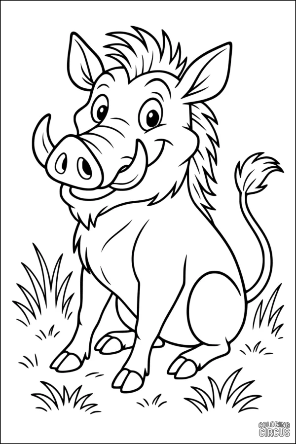 Coloring page featuring a cute cartoon warthog sitting in grass with a friendly expression