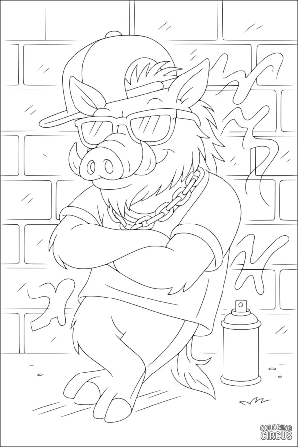 Coloring page of a cartoon warthog wearing sunglasses, cap, and chain necklace leaning on a brick wall with a spray paint can nearby