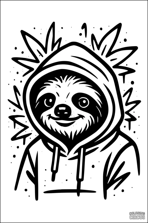Coloring page featuring a cute sloth smiling in a hoodie with playful background shapes