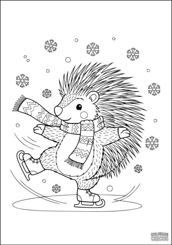 Coloring page of a porcupine ice skating in winter with a patterned scarf and snowflakes