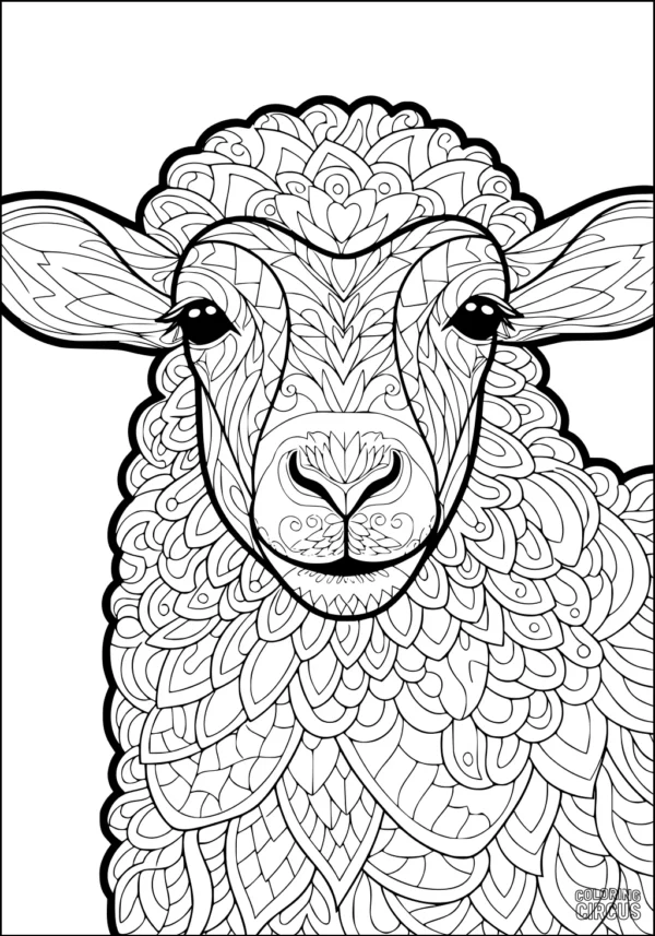 Coloring page featuring a highly detailed sheep with ornate, patterned wool for creative coloring