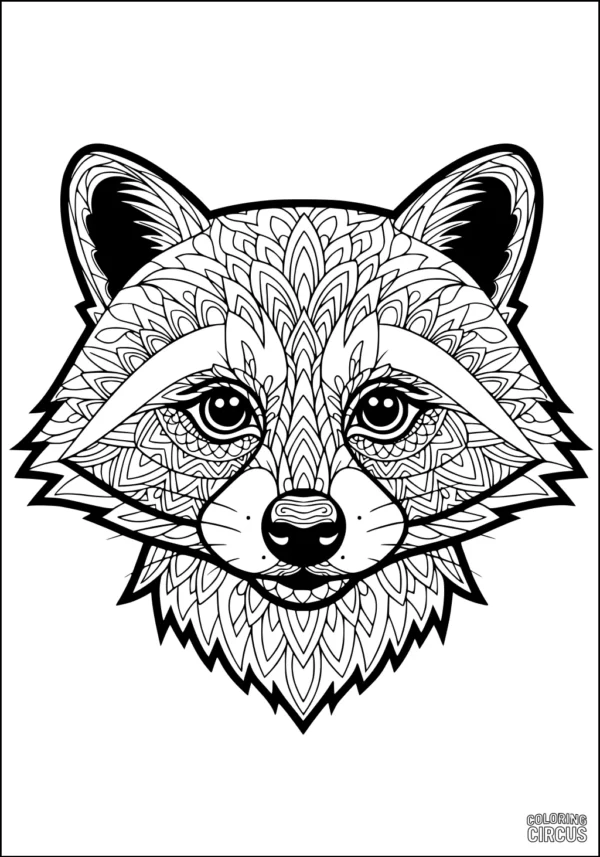 Coloring page of a detailed raccoon face with intricate patterns for relaxation and creativity