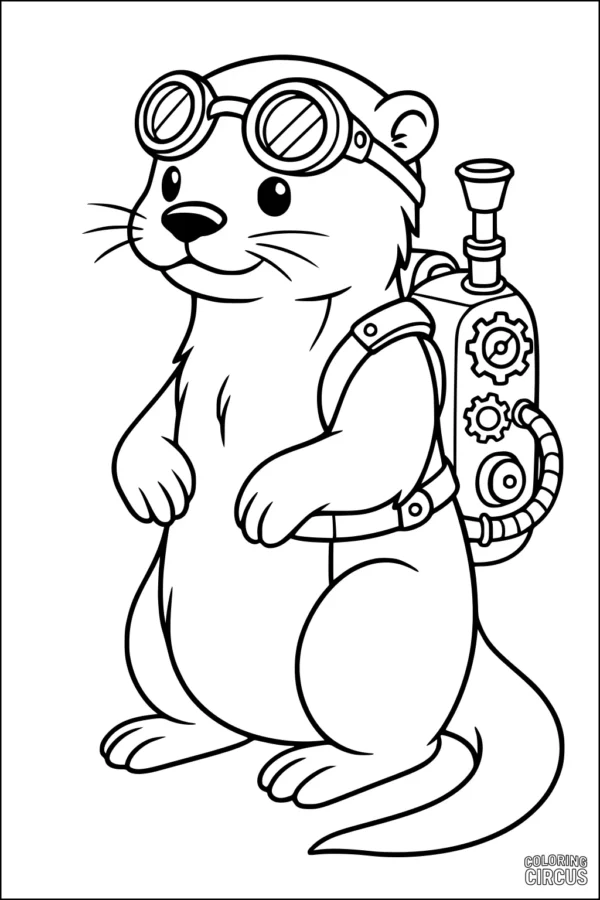 Coloring page of a cartoon otter with goggles and an invention backpack