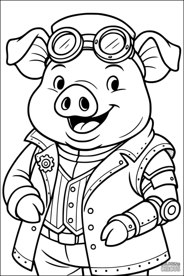 Coloring page of a friendly pig wearing goggles and a gear-decorated jacket, inspired by steampunk style