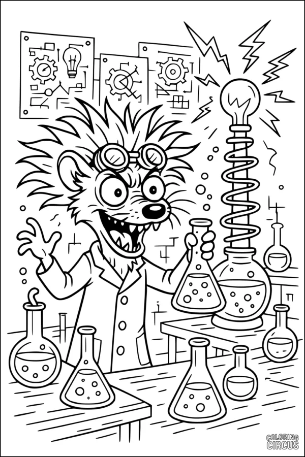 Coloring page featuring a cartoon weasel scientist mixing potions in a laboratory with beakers and scientific gadgets