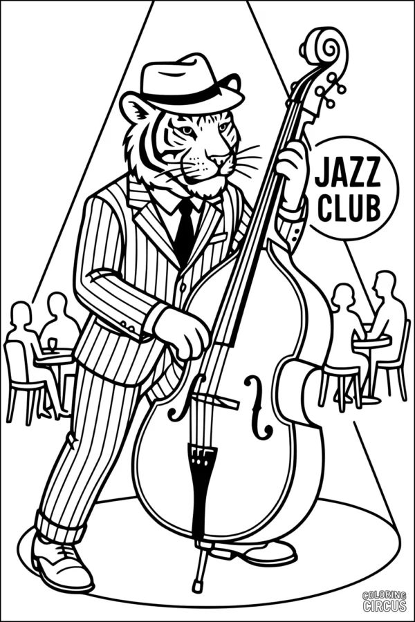 Coloring page featuring a tiger in a suit playing a double bass on stage at a jazz club