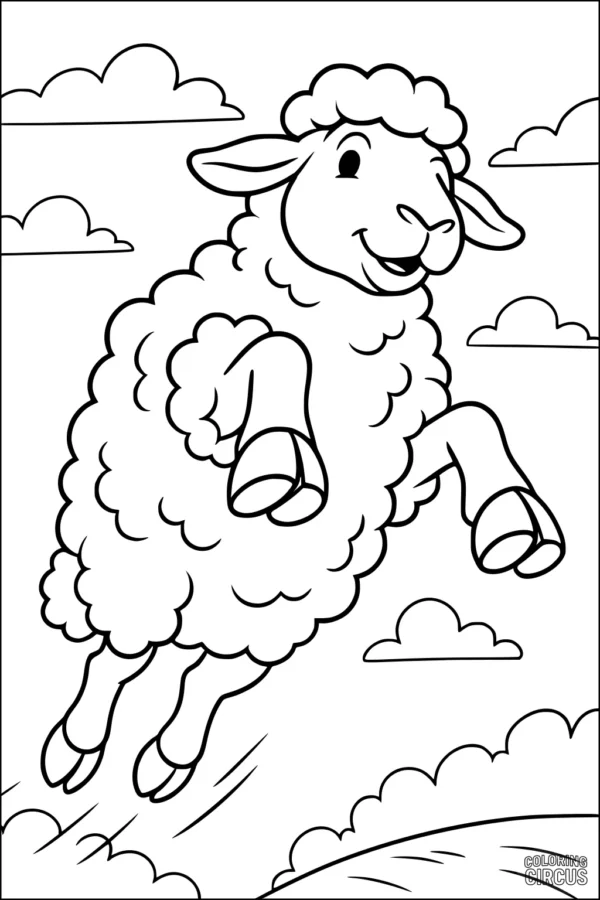 Coloring page of a cartoon sheep jumping over a hill with clouds in the background