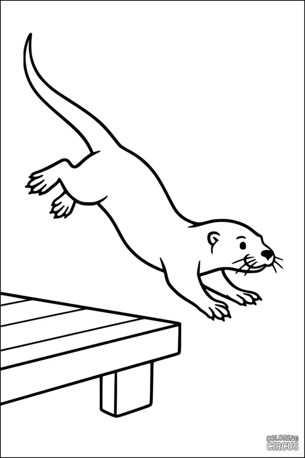 Coloring page showing an otter jumping off a dock