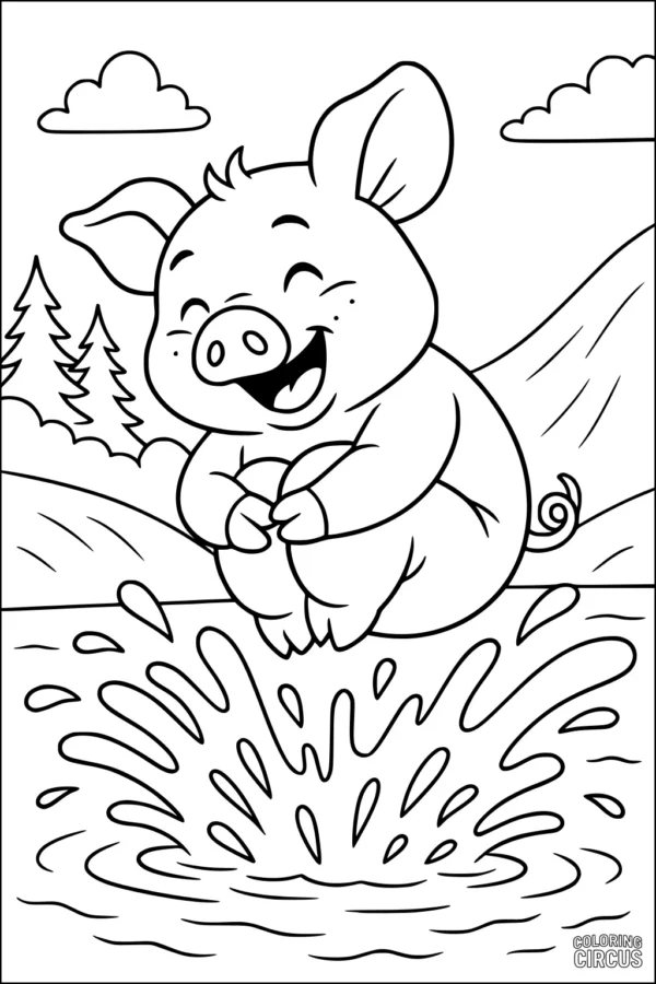 Coloring page featuring a cartoon piglet splashing joyfully in a pond with trees and hills in the background