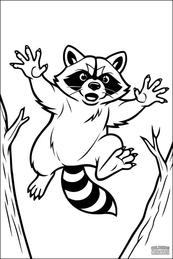 Coloring page showing a cartoon raccoon leaping between tree branches, perfect for children