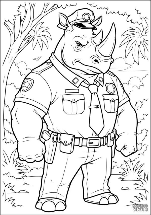 Coloring page featuring a cartoon rhino dressed as a police officer in a jungle setting