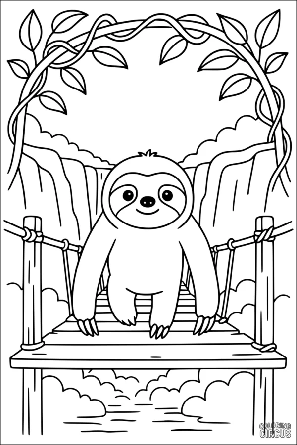 Coloring page with a smiling sloth on a wooden bridge under leafy jungle vines