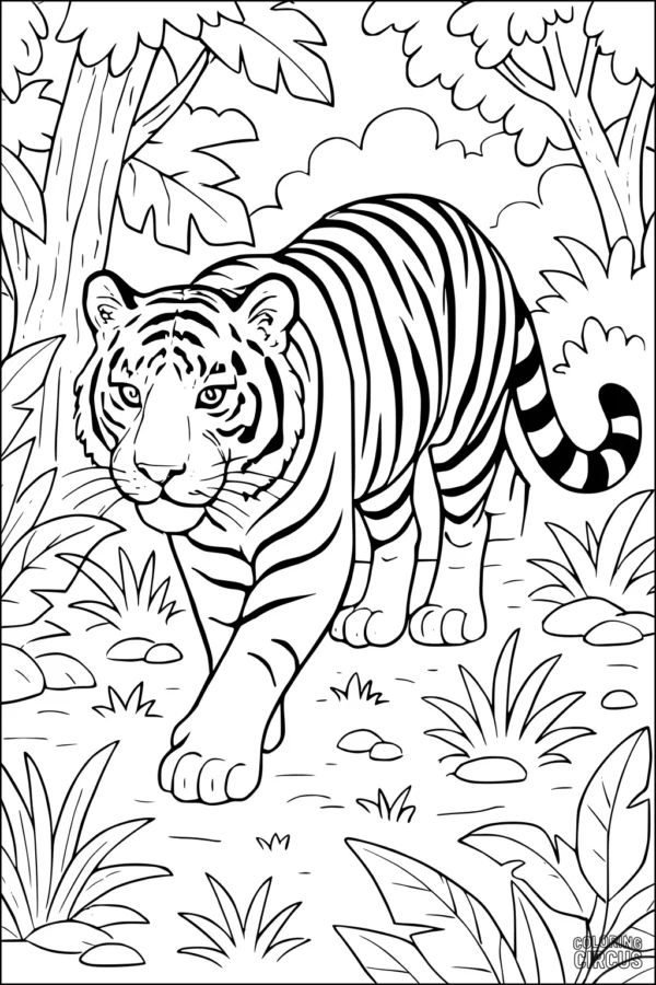 Coloring page featuring a detailed tiger walking through a leafy jungle setting