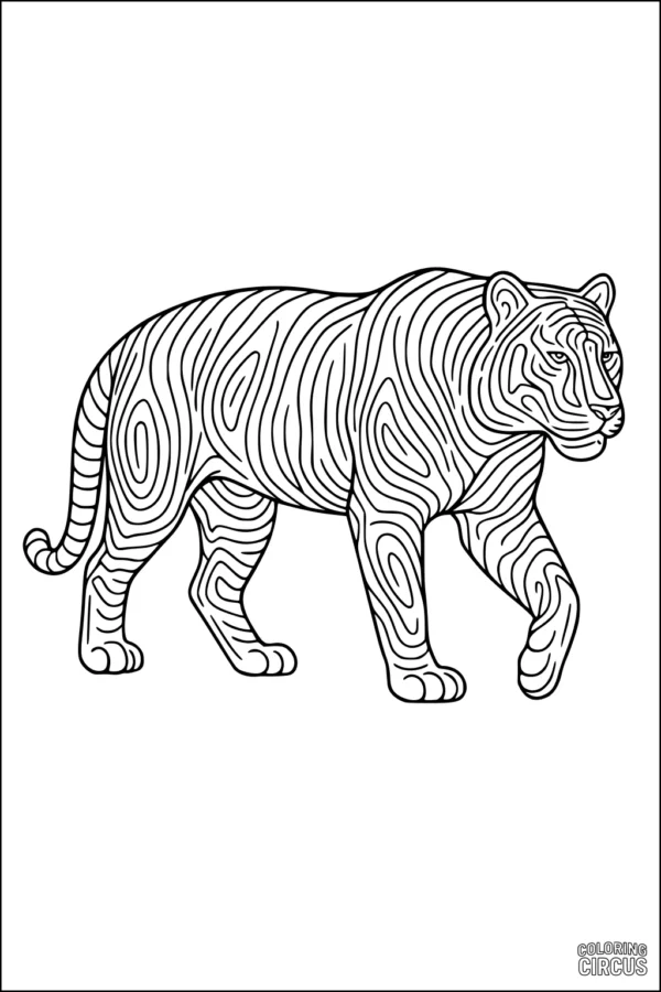 Coloring page of a tiger with bold, swirling stripes, ideal for learning about wild animals and creativity