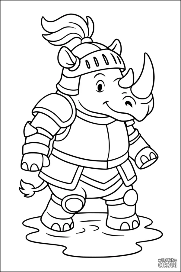 Coloring page of a friendly cartoon rhinoceros dressed as a knight in armor, standing in a puddle
