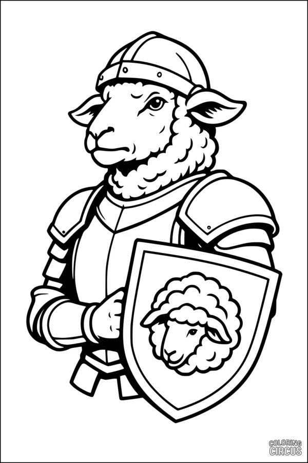 Coloring page of a sheep dressed as a brave knight holding a shield with a sheep emblem