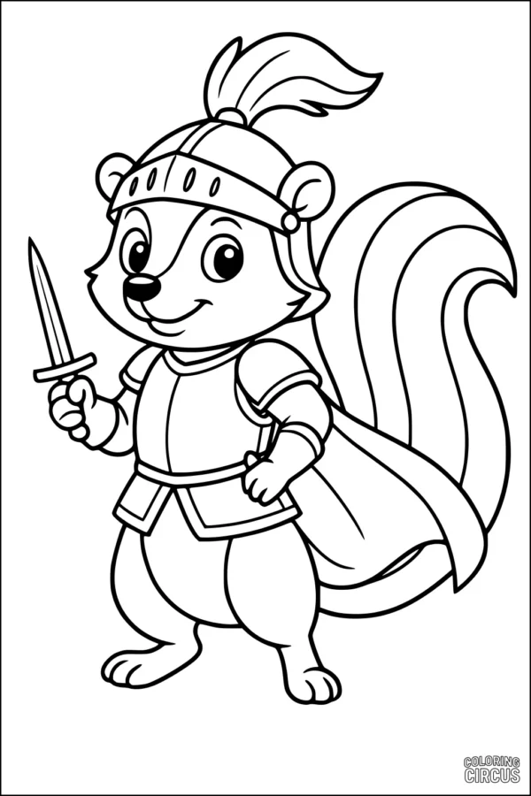 Coloring page featuring a cute cartoon skunk dressed as a knight in armor with a sword and feathered helmet