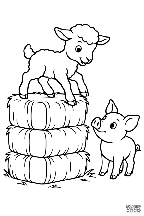 Coloring page of a lamb on hay bales with a piglet on a farm