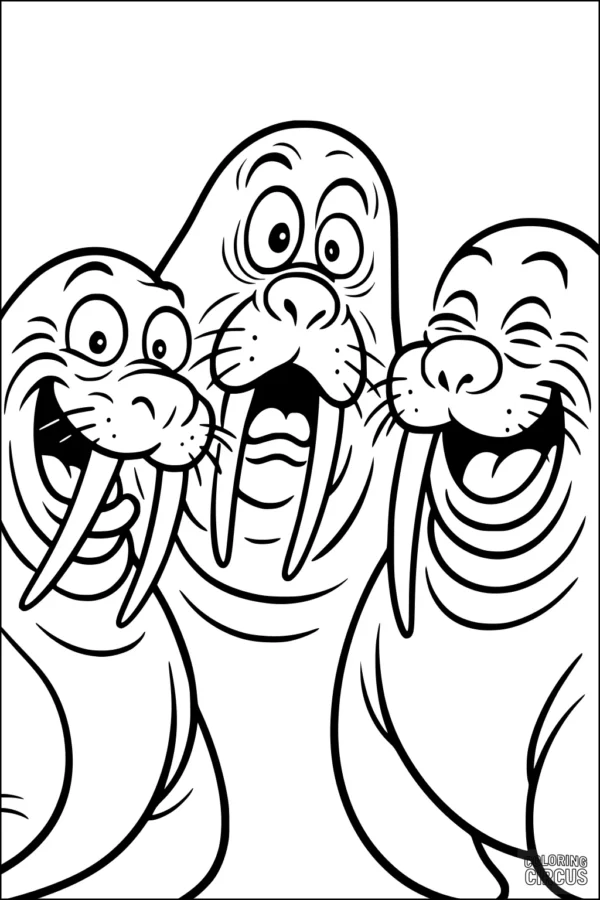 Coloring page with three cartoon walruses smiling and laughing together