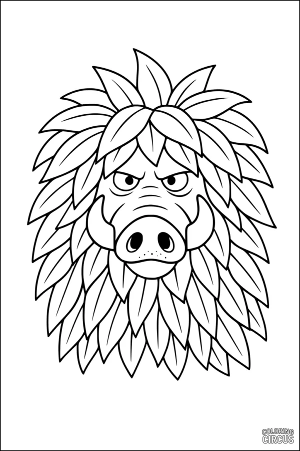 Coloring page showing a warthog face with a mane made of large leaves for children
