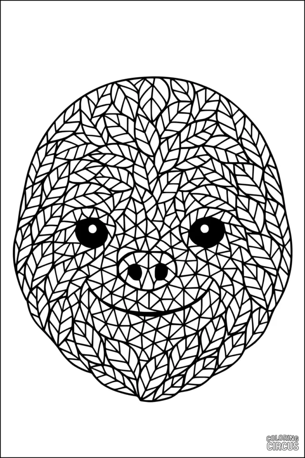 Coloring page of a sloth face with geometric leaf pattern