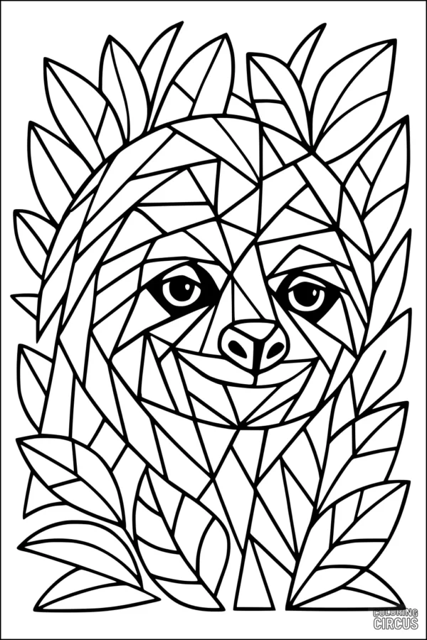 Coloring page of a geometric sloth surrounded by leaves