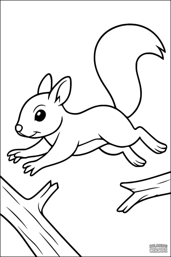 Coloring page of a cute cartoon squirrel leaping between tree branches