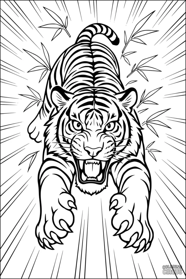 Coloring page showing a dynamic tiger leaping forward through bamboo plants, with detailed stripes and energetic lines
