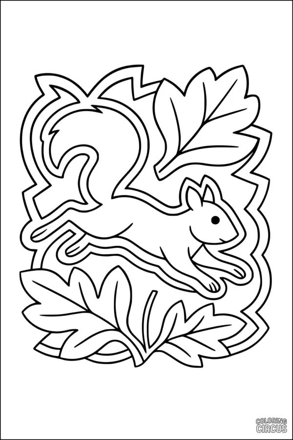 Coloring page featuring a cartoon squirrel leaping among large forest leaves for kids