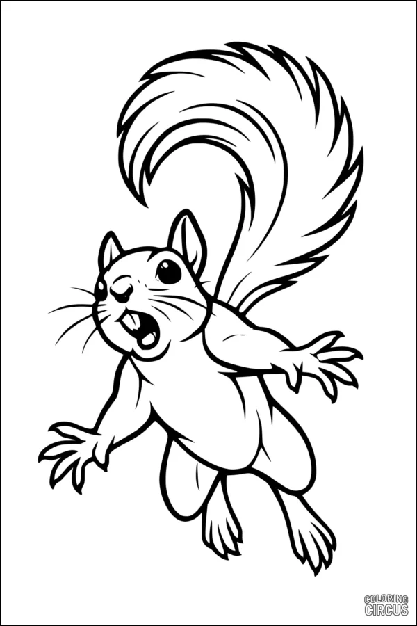 Coloring page featuring a cartoon squirrel jumping with a bushy tail