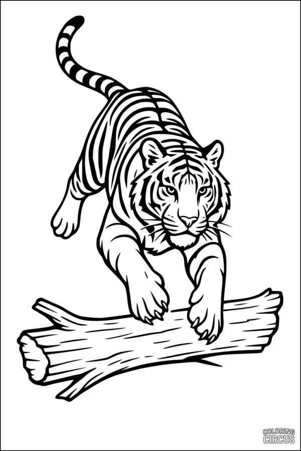 Coloring page showing a tiger leaping over a log in a jungle setting