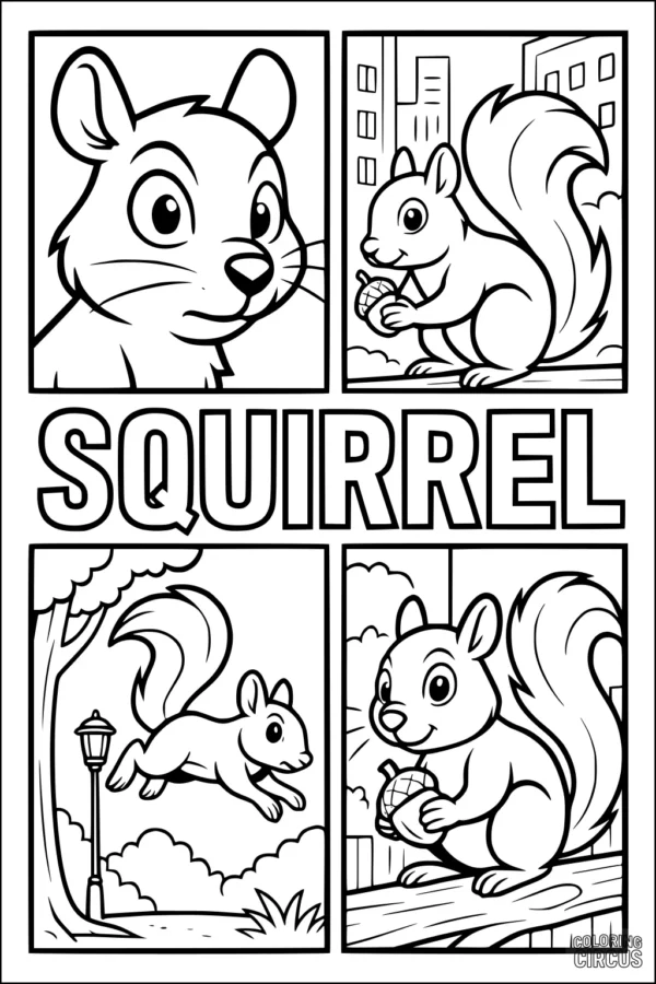 Coloring page featuring cute cartoon squirrel in city and park scenes