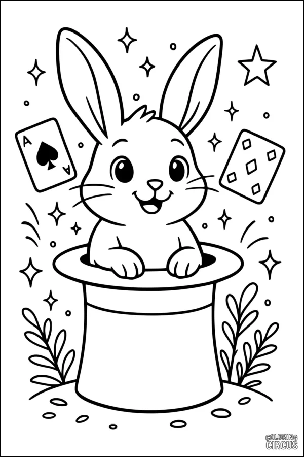 Coloring page featuring a cute rabbit popping out of a magician’s top hat with playing cards and stars around it