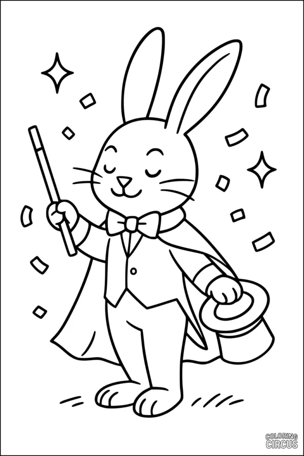 Coloring page of a cartoon rabbit performing magic wearing a suit, cape, holding a magic wand and top hat