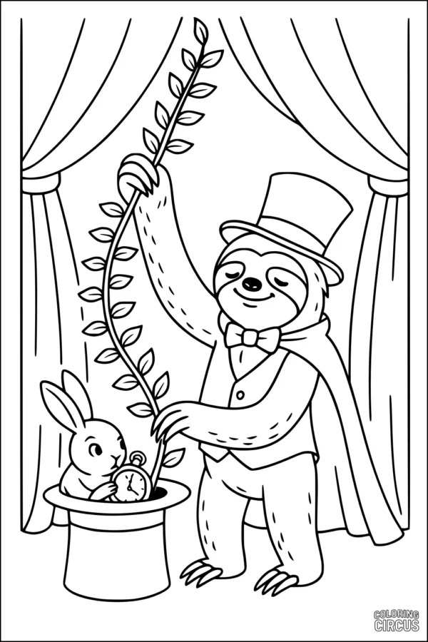 Coloring page featuring a magician sloth on stage with a bunny in a hat holding a pocket watch