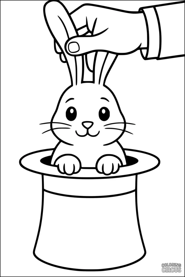 Coloring page showing a cute rabbit being lifted from a magician’s hat by a hand