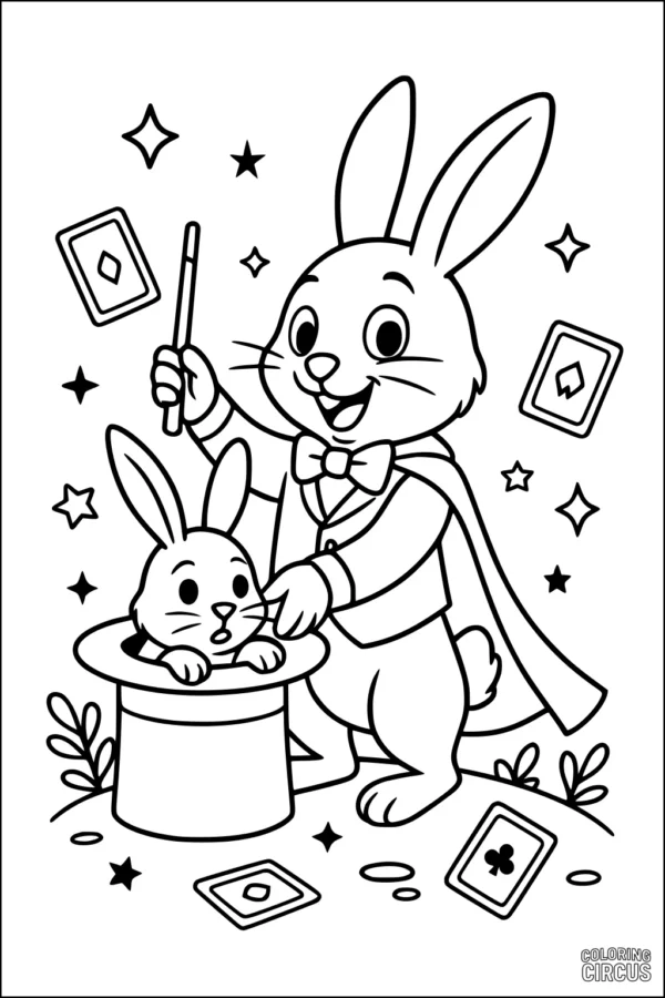 Coloring page of a cartoon magician rabbit pulling a bunny from a hat with stars and playing cards