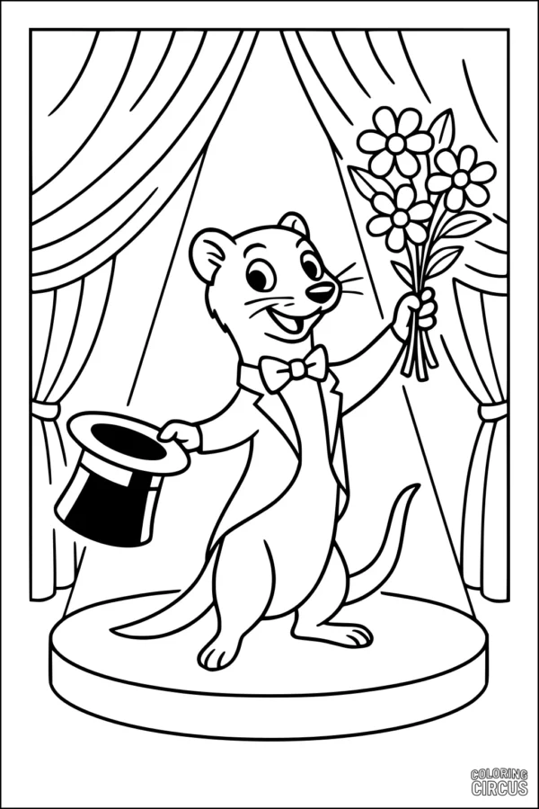 Coloring page of a cheerful weasel magician on stage with flowers and a top hat